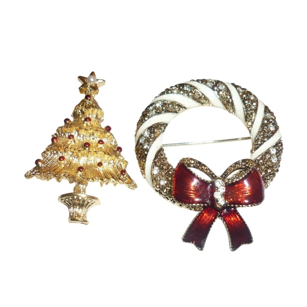Vintage Christmas Tree and‎ Wreath Brooch Set Gold Tone Enamel Rhinestone Pins